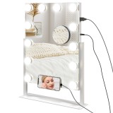 HOMCOM Oglindă Hollywood cu 12 becuri LED, luminos reglabil, rotație la 360&deg;, magnificare 10X, atingere tactilă, alb | Aosom Romania