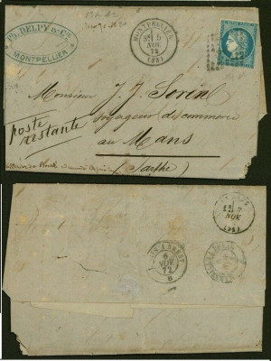 France 1872 Old Cover + Content Montpellier to Mans PR DB.513 foto