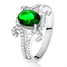 Inel din argint 925, piatră ovală verde, braţe răsucite, cu zircon - Marime inel: 58