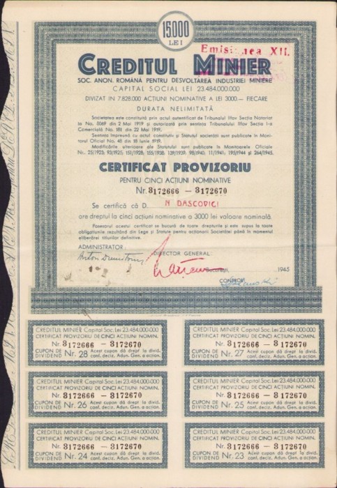 A546 Acțiune Creditul Minier pe numele academicianului Nicolae Dașcovici