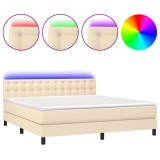 Cumpara ieftin Pat cu arcuri, saltea si LED, crem, 160x200 cm, textil