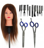 Cumpara ieftin Set Frizerie Star Hair, Cap Manechin Par Natural 100%, 50-55 cm, Set Foarfece Tuns si Filat Dubla, Set 10 Piepteni