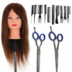 Set Frizerie Star Hair, Cap Manechin Par Natural 100%, 50-55 cm, Set Foarfece Tuns si Filat Dubla, Set 10 Piepteni