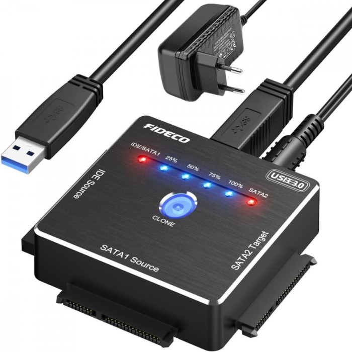 Adaptor FIDECO SATA/IDE la USB 3.0 pentru HDD/SSD Extern Universal, pentru Hard Disk-uri de 2.5/3.5 inch si Unitate Optica 5.25 inch DVD/CD, Clonare O