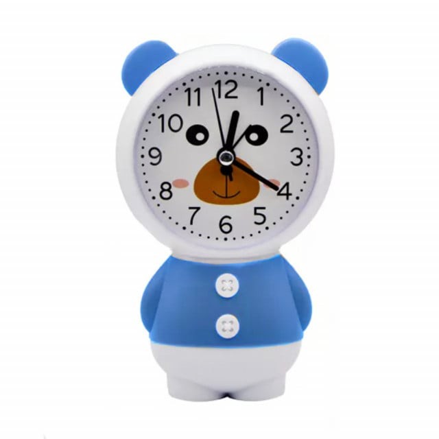 Ceas de masa desteptator pentru copii Pufo, model Ursuletul Zambarici, 16 cm, alb/albastru