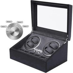 Cutie intors ceasuri iUni, 4 Programe, Watch Winder 4 + 6 spatii depozitare, Piele ecologica, Black