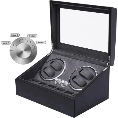Cutie intors ceasuri iUni, 4 Programe, Watch Winder 4 + 6 spatii depozitare, Piele ecologica, Black foto