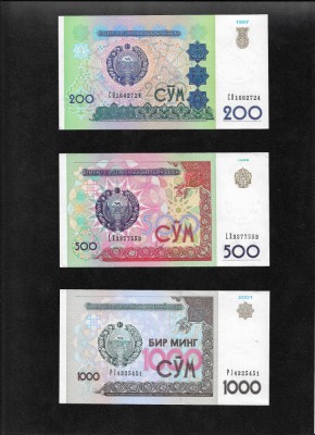 Set Uzbekistan 200 + 500 + 1000 sum unc foto