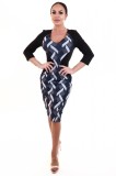 Rochie Office Bodycon, Model 2 Culori, Decolteu V, M&acirc;neci 3/4, Geometrică, Poliester Spandex. M, XL