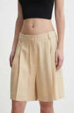 HUGO pantaloni scurți femei, culoarea bej, uni, high waist, 50515044