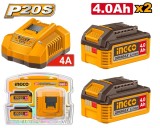 Set 2 Baterii 20V 4Ah + Incarcator Rapid INGCO &ndash; FBCPK2013E, Li-Ion, 4A, compatibil platforma P20S, cu LED indicator, autonomie extinsa