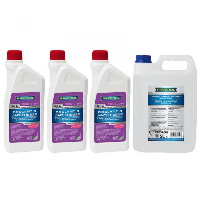Pachet 9.5 litri antigel concentrat Ravenol ETC Protect C12EVO rosu si apa distilata foto