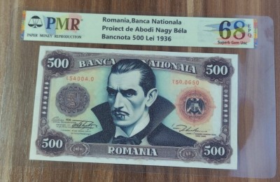 REPRODUCERE pe hartie cu filigran si fire UV proiect bancnota 500 Lei 1936 nr.147 foto