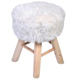 Taburet otoman decorativ din lemn cu blană artificială albă, CMCLASS