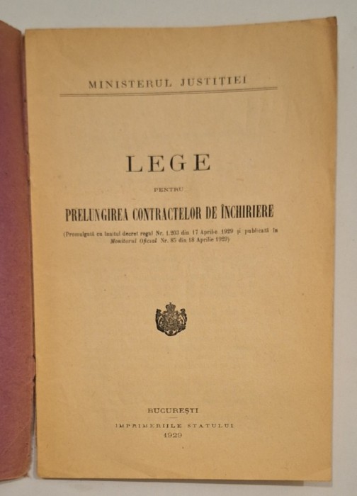 Lege pentru prelungirea contractelor de &icirc;nchiriere &ndash; Ministerul Justiției, 1929