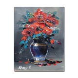 Tablou vaza cu maci stilizati pictat manual, 40x30cm acril pe panza in relief efect 3D, Kenny Varniote