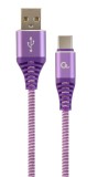 CABLU alimentare si date GEMBIRD, pt. smartphone, USB 2.0 (T) la USB 2.0 Type-C (T), 2m, premium, cablu cu impletire din bumbac, mov cu insertii albe,