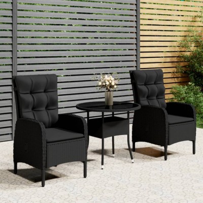vidaXL Set bistro de grădină, 3 piese, negru, poliratan 3058548 foto