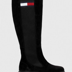 Tommy Jeans cizme TJW LONG SHAFT SUEDE BOOT femei, culoarea negru, cu toc plat, EN0EN02412