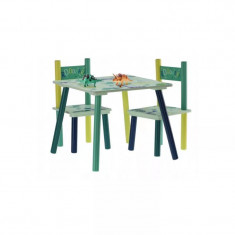 Set mobilier copii, model dinozaur, albastru si verde, lemn + MDF, 50x50x42 cm, Chomik