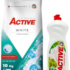 Detergent pudra pentru rufe albe Active, sac 10kg, 135 spalari + Detergent de vase lichid Active, 1 litru, mar