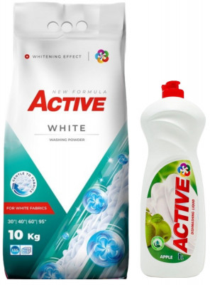Detergent pudra pentru rufe albe Active, sac 10kg, 135 spalari + Detergent de vase lichid Active, 1 litru, mar foto
