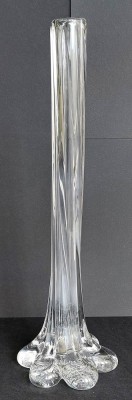 Vaza longilina din sticla transparenta 29cm inaltime, soliflora spiralata vintage foto