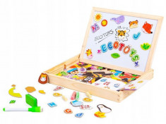 Set Tabla magnetica educativa pentru copii, din lemn, 3 in 1, cu elemente puzzle, 176 piese foto