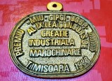 H524- Placheta Medalia Premiu &bdquo;Al 9-lea Concurs de Creație Industrială - Marochinărie&rdquo; Timisoara 1983-RSR bronz masiv aurit.