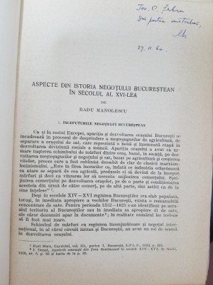 Aspecte din istorie negotului bucurestean in secolul al XVI-lea - Radu Manolescu cu dedicatie foto