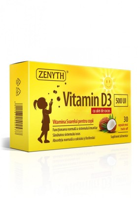Vitamina D3 500 UI pentru copii, 30 capsule, in ulei de cocos MCT, absorbtie superioara, ZENYTH foto