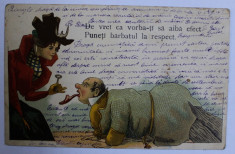 &amp;#039; DE VREI CA VORBA -TI SA AIBA EFECT / PUNETI BARBATUL LA RESPECT &amp;#039; , CARICTURA CU DOUA PERSONAJE , LITOGRAFIE , CARTE POSTALA ILUSTRATA , POLICROMA, foto