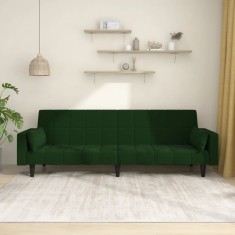 vidaXL Canapea extensibilă cu 2 locuri, 2 perne, verde &icirc;nchis catifea