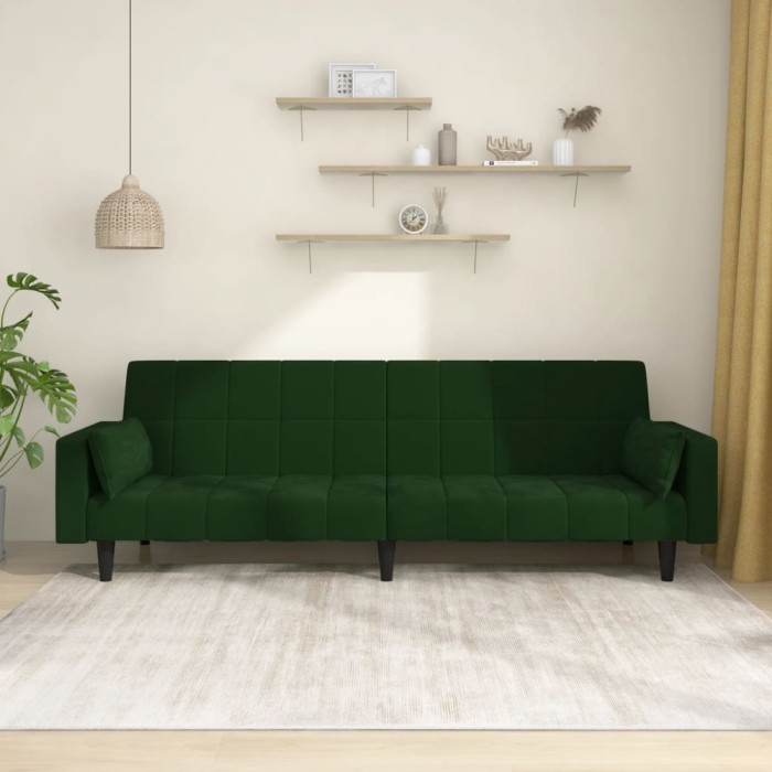 vidaXL Canapea extensibilă cu 2 locuri, 2 perne, verde &icirc;nchis catifea