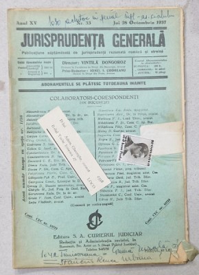 JURISPRUDENTA GENERALA , PUBLICATIUNE SAPTAMANALA DE JURISPRUDENTA REZUMATA ROMANA SI STREINA , NR. 33, 1937 foto
