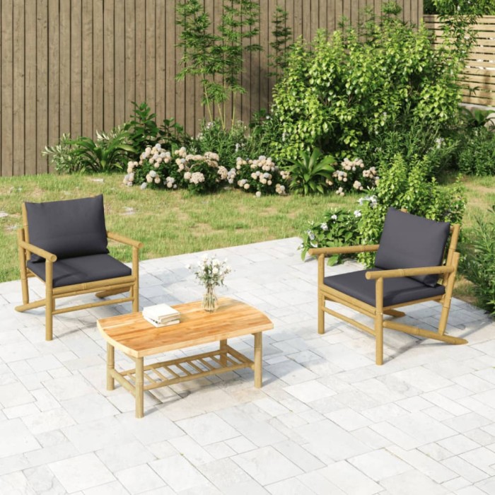 Set mobilier de gradina, perne gri &icirc;nchis, 3 piese, bambus GartenMobel Dekor