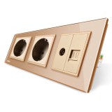 Priza tripla - 2 x priza simpla + 1 x priza TV / internet Livolo VL-C7C3EU/VC-13, incastrat, contact de protectie, rama din sticla inclusa, auriu