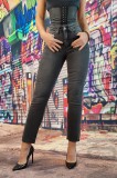 F913-100 Blugi drepti cu talie inalta din denim usor elastic, 38
