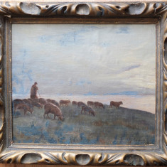 Ion MARINESCU-VÂLSAN (1866-1935)–Păstor cu turma de oi, pictură pe pânză