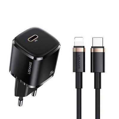 Incarcator Priza 1xUSB-C PD 20W + Cablu Lightning 1.2m, Usams (XFKXLOGTL01), Black foto