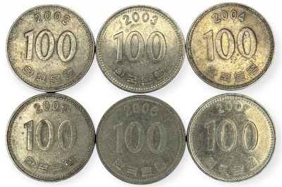 Coreea de Sud , lot 20 - 6 buc x 100 Won 2002 , 2003 , 2004 , 2005 , 2006 , 2007 foto
