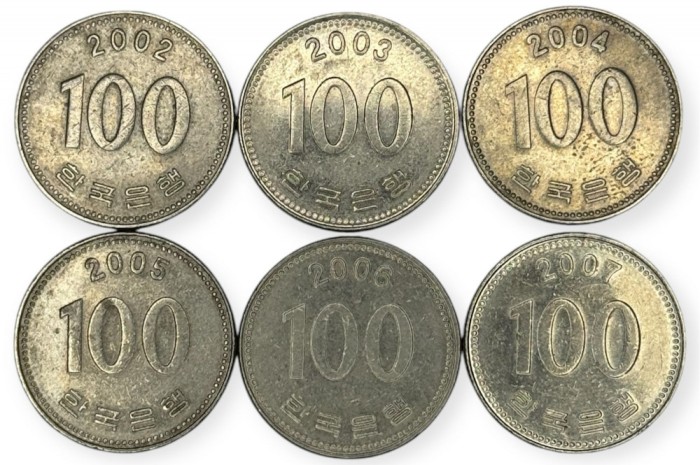 Coreea de Sud , lot 20 - 6 buc x 100 Won 2002 , 2003 , 2004 , 2005 , 2006 , 2007