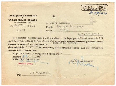 DIRECTIA GENERALA CFR CLASA IMPEGAT DE MISCARE STATIA VALEA LUI MIHAI 1945 foto