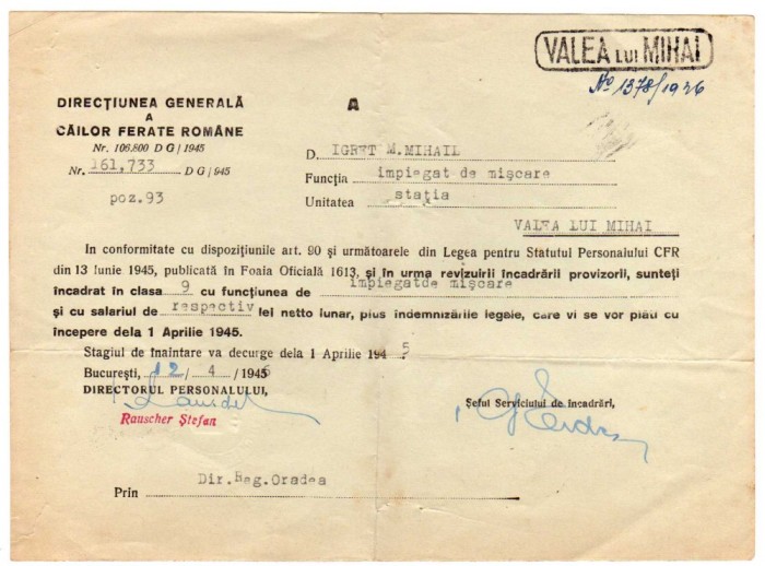 DIRECTIA GENERALA CFR CLASA IMPEGAT DE MISCARE STATIA VALEA LUI MIHAI 1945