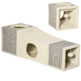 PawHut Tunel Pliabil pentru Pisici cu Căsuțe și Zg&acirc;r&acirc;ietori, Jucării cu Minge de Pluș și Sisal, 98x30x30 cm, Alb Crem | Aosom Romania