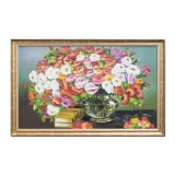 Tablou pictat manual inramat, Vaza cu flori si carti, poem floral, 110x70cm ulei pe panza, rama din lemn