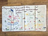 # Peretar vechi cusut de mana pe panza, cu ata colorata, cu text in limba maghiara, Transilvania, fetita cu gaste, 45cm x 78cm