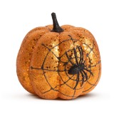 Decoratiune dovleac de Halloween - sclipici portocaliu - cu panza de paianjen - 15 cm