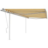 VidaXL Copertină retractabilă manual cu st&acirc;lpi, galben și alb, 4x3,5 m