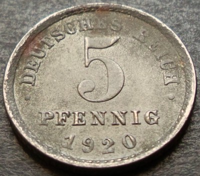 Moneda istorica 5 PFENNIG - IMPERIUL GERMAN, anul 1920 * cod 3091 foto